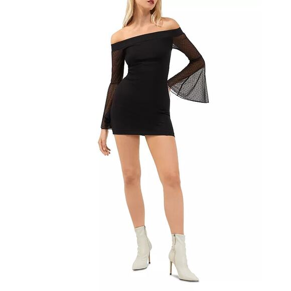 French Connection Women's Lula Mesh Bell Sleeve Mini Dress Black Size S NWT - Picture 2 of 9